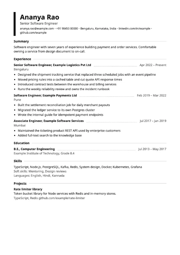 Baseline resume template preview: single-column layout
