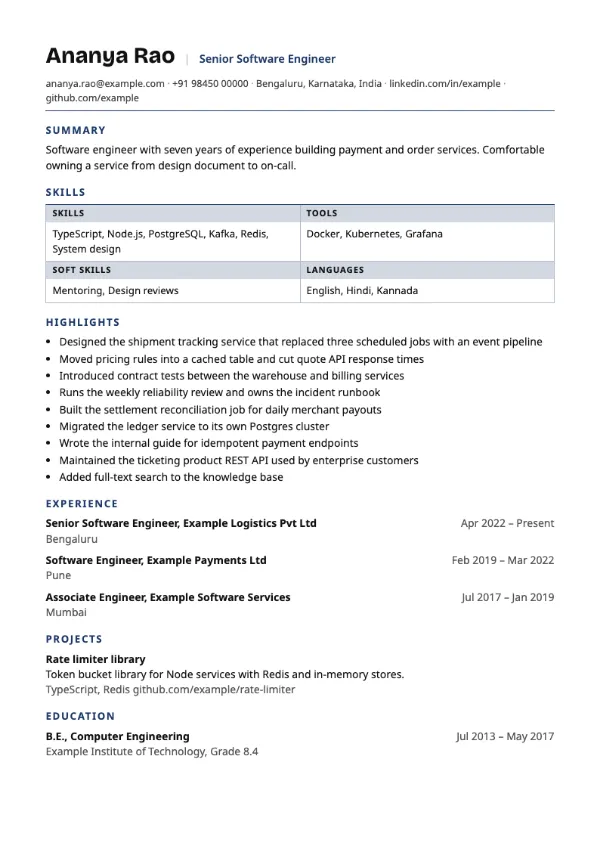 Capability resume template preview: single-column layout