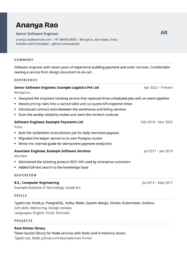 Charter resume template preview: single-column layout with a photo area