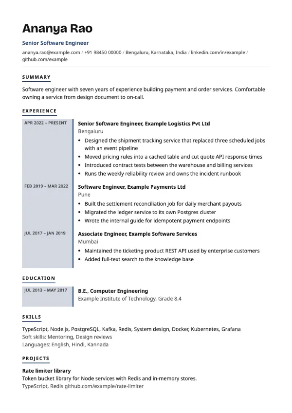 Chronicle resume template preview: single-column layout