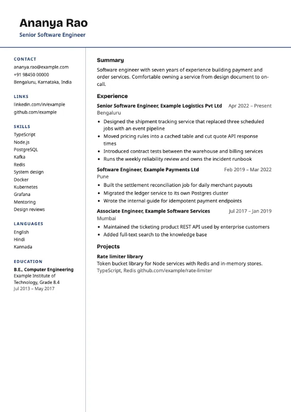 Column Pro resume template preview: two-column layout