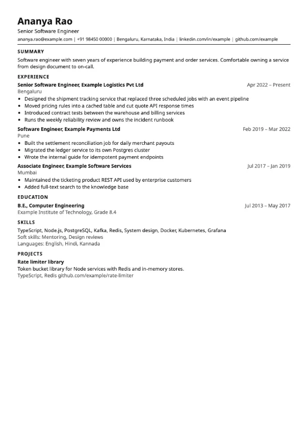 Compact resume template preview: single-column layout