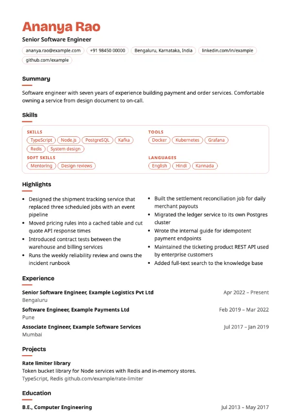 Craft resume template preview: single-column layout