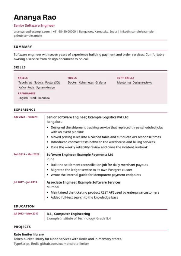 Crossover resume template preview: single-column layout