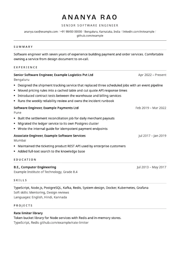 Elegant resume template preview: single-column layout