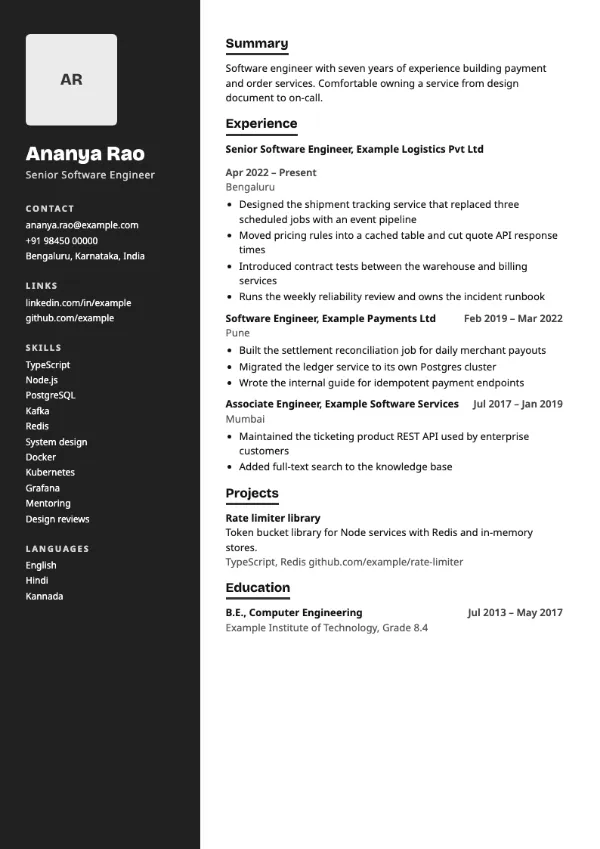 Graphite resume template preview: two-column layout with a photo area