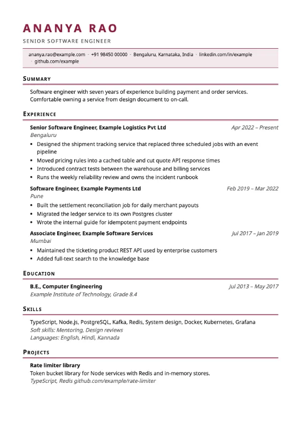 Heritage resume template preview: single-column layout
