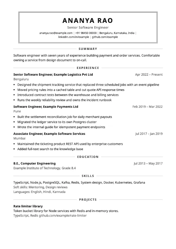 Keystone resume template preview: single-column layout
