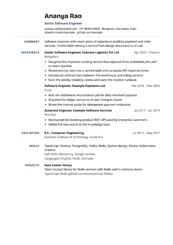 Ledger resume template preview: single-column layout