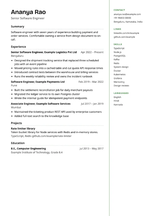 Margin Notes resume template preview: two-column layout
