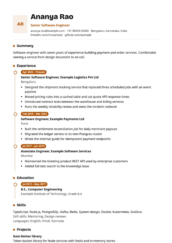 Milestone resume template preview: single-column layout with a photo area