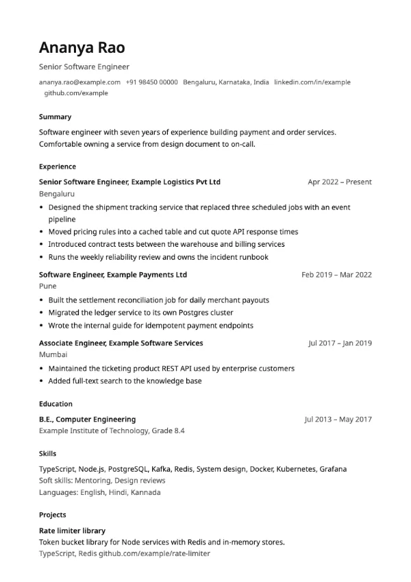 Minimal resume template preview: single-column layout
