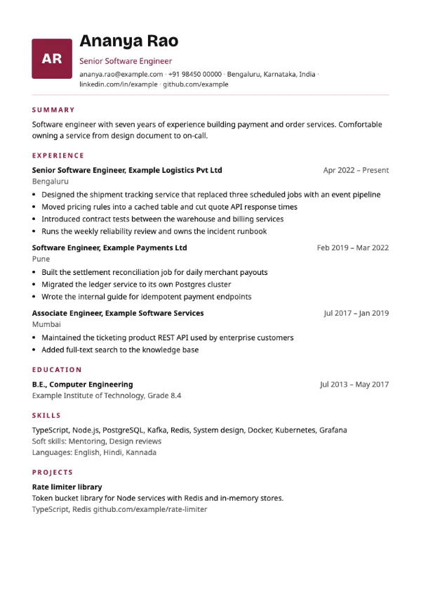 Monogram resume template preview: single-column layout
