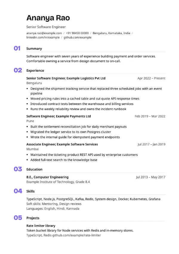 Numbered resume template preview: single-column layout