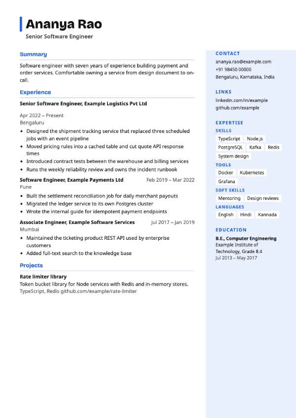 Offset resume template preview: two-column layout