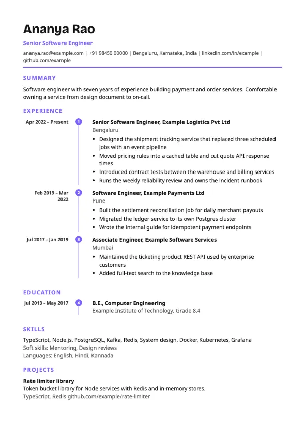 Pathway resume template preview: single-column layout