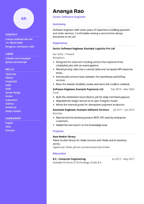 Sidebar Left resume template preview: two-column layout with a photo area