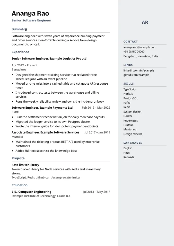 Sidebar Right resume template preview: two-column layout with a photo area