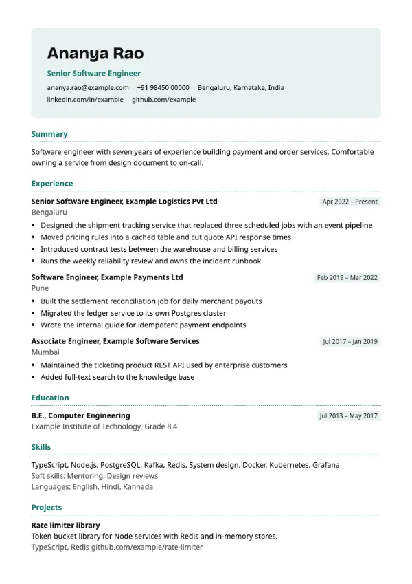 Signal resume template preview: single-column layout