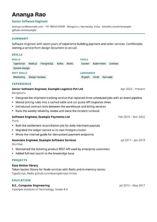Skills First resume template preview: single-column layout