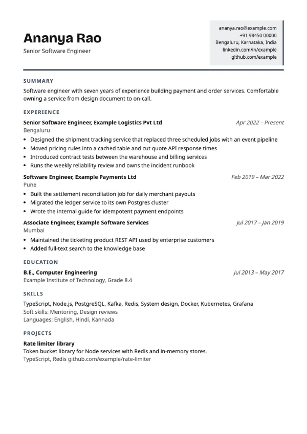 Statement resume template preview: single-column layout