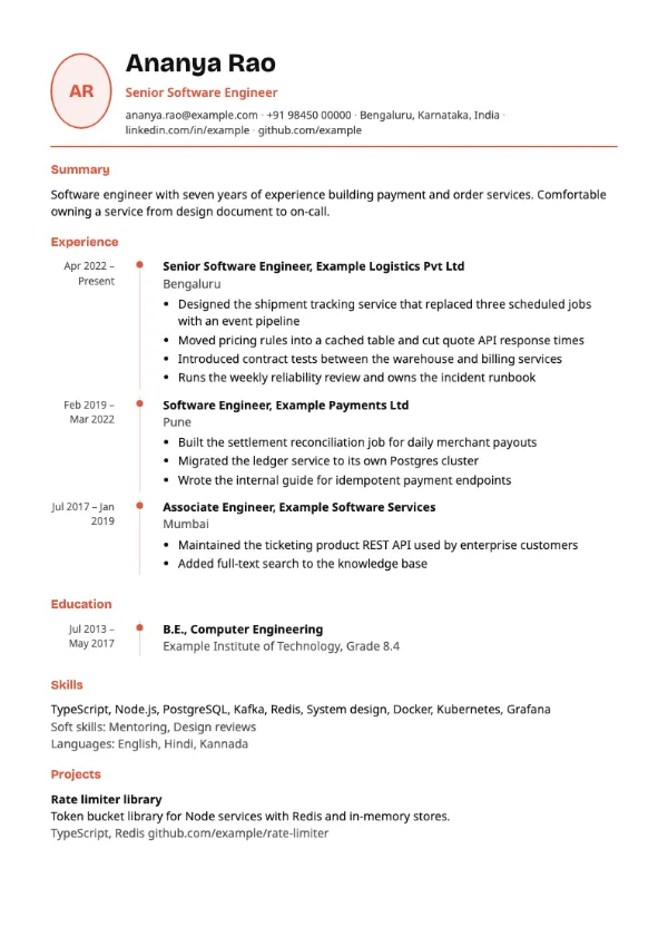 Timeline resume template preview: single-column layout with a photo area