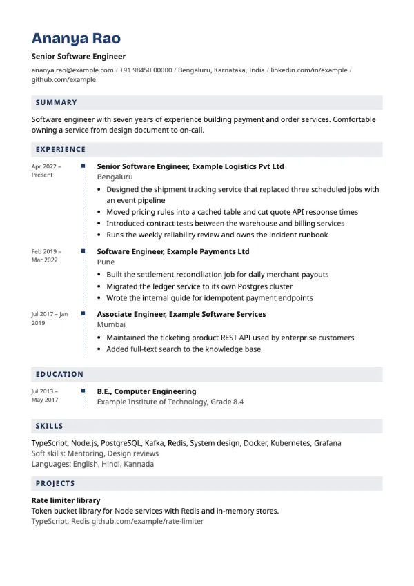 Trackline resume template preview: single-column layout