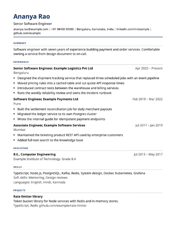 Traditional resume template preview: single-column layout